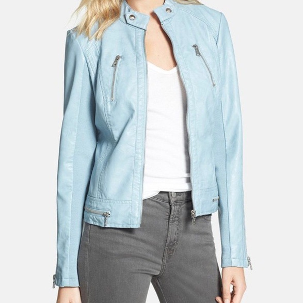 Sam Edelman Light Blue Faux Leather Jacket Sz L